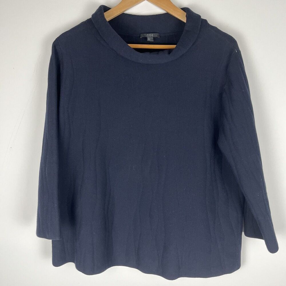 COS‎ Navy Blue Boxy Crew Neck Blouse Textured Lagenlook Contemporary Small​​​